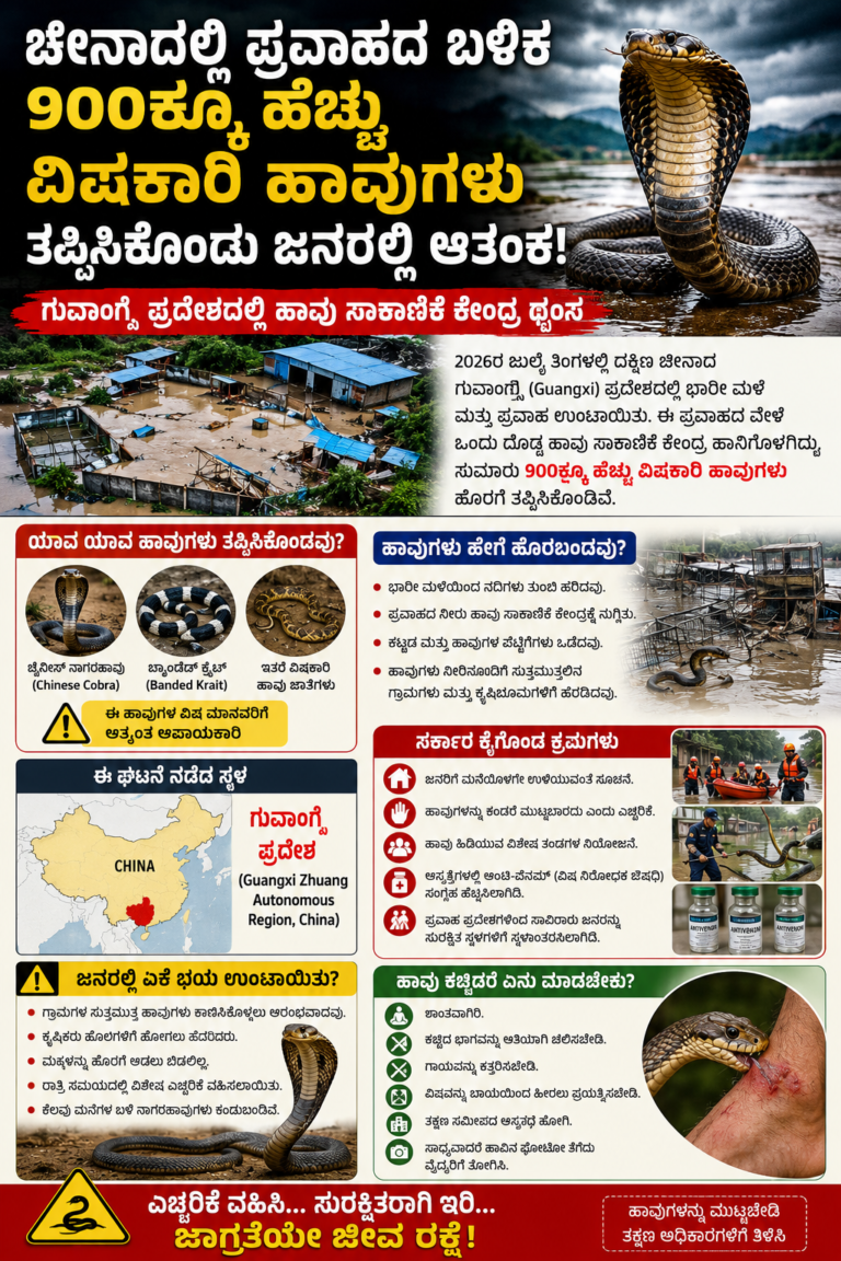 ಚೀನಾದಲ್ಲಿ ಪ್ರವಾಹದ ಬಳಿಕ 900ಕ್ಕೂ ಹೆಚ್ಚು ವಿಷಕಾರಿ ಹಾವುಗಳು ತಪ್ಪಿಸಿಕೊಂಡು ಆತಂಕ